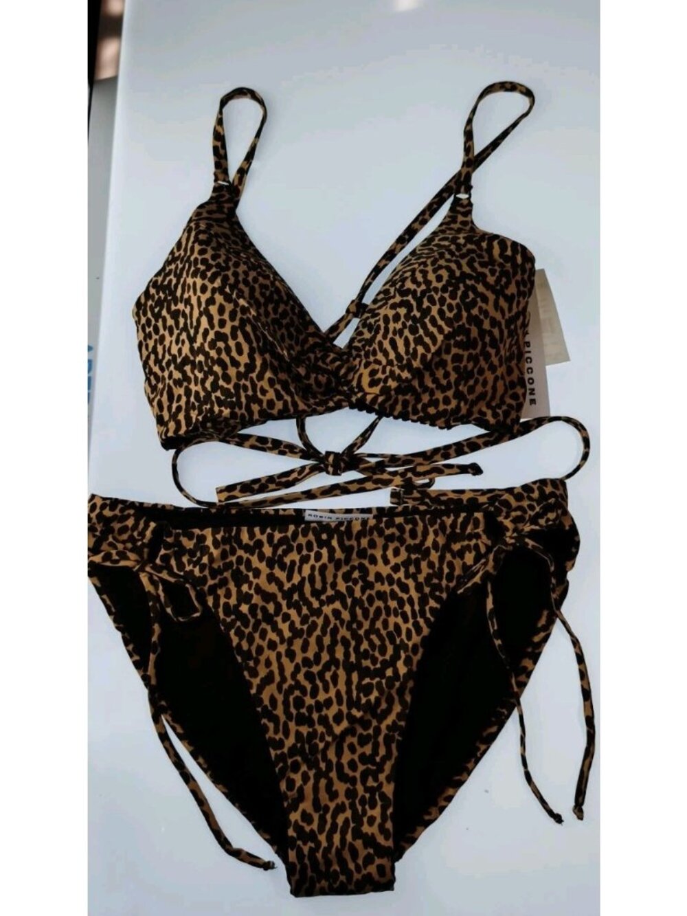 Robin Piccone NWT Bikini Set M Leopard Print Triangle Top Side Tie Full Coverage